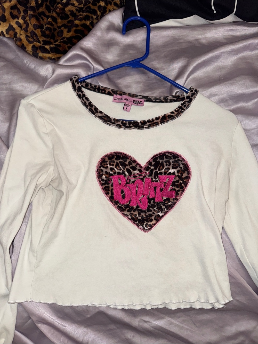 Women’s White Long-Sleeve Tee with Leopard Heart